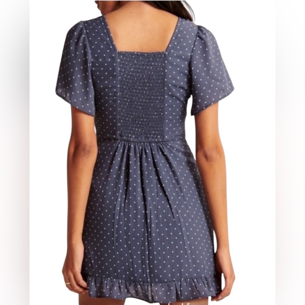 Abercrombie &‎ Fitch Polka Dot Mini Dress Blue Ruffle Hem Size Large Preppy - Picture 2 of 12